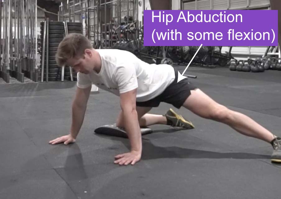 A view of a man demonstrating hip joint abduction